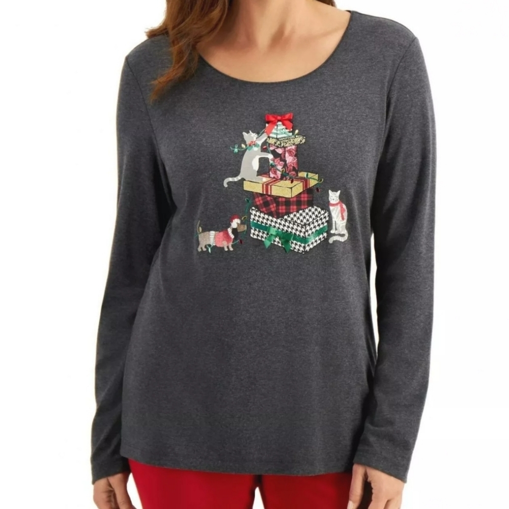 Karen Scott Graphic Holiday Cats T-Shirt Gray - Picture 2 of 5